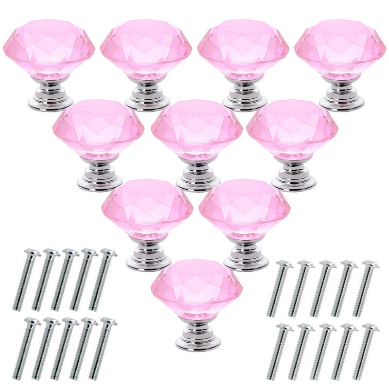 Akstore 10 Pcs Crystal Glass Cabinet Knobs 30mm Diamond Shape Drawer Kitchen Cabinets Dresser Cupboard Wardrobe Pulls Handles (Pink) - Image 1